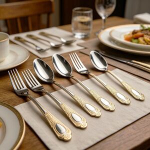Premium Silver Cutlery Set with Gold Accents